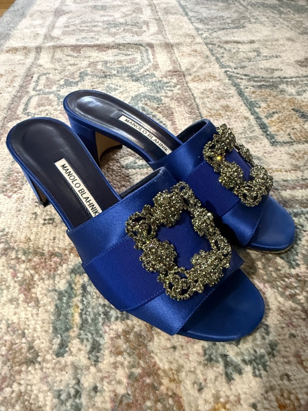 Manolo Blahnik Martanew Hangisi Blue Satin Jewel Buckle Mules